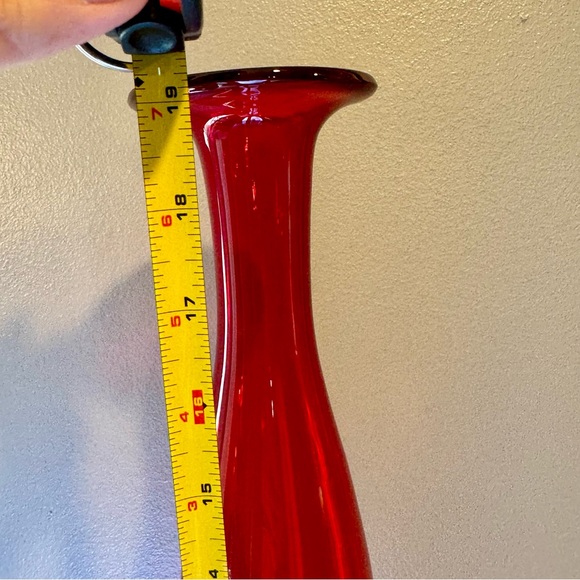 Tall art red glass curvy bottle. Approx. 19”H. Beautiful Czechoslovakian glass - Picture 9 of 13